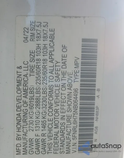 2022 Honda Odyssey Exl from USA, damaged, VIN 5FNRL6H75NB064496